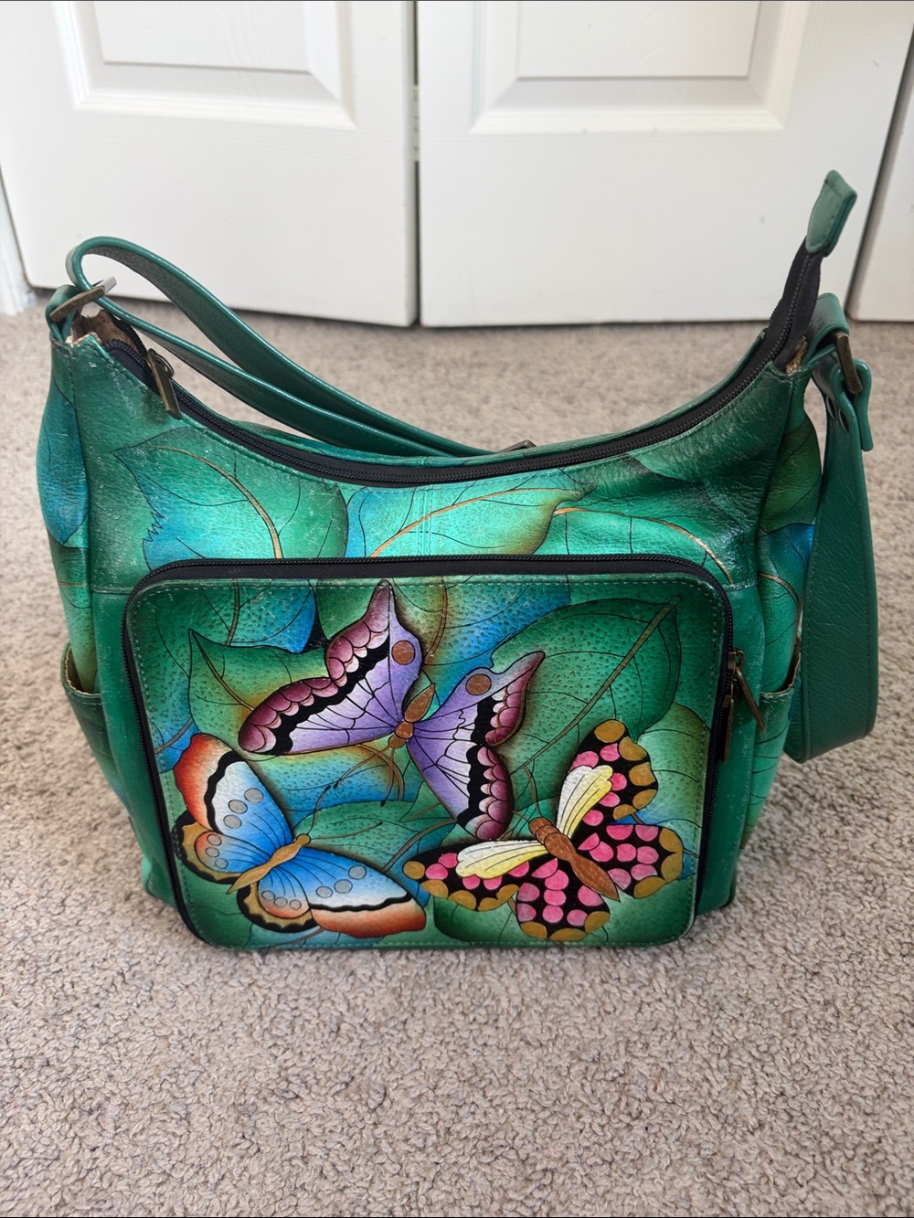 Anna By Anuschka Green Hand Painted Butterfly Summer Wings Organizer Hobo Bag
